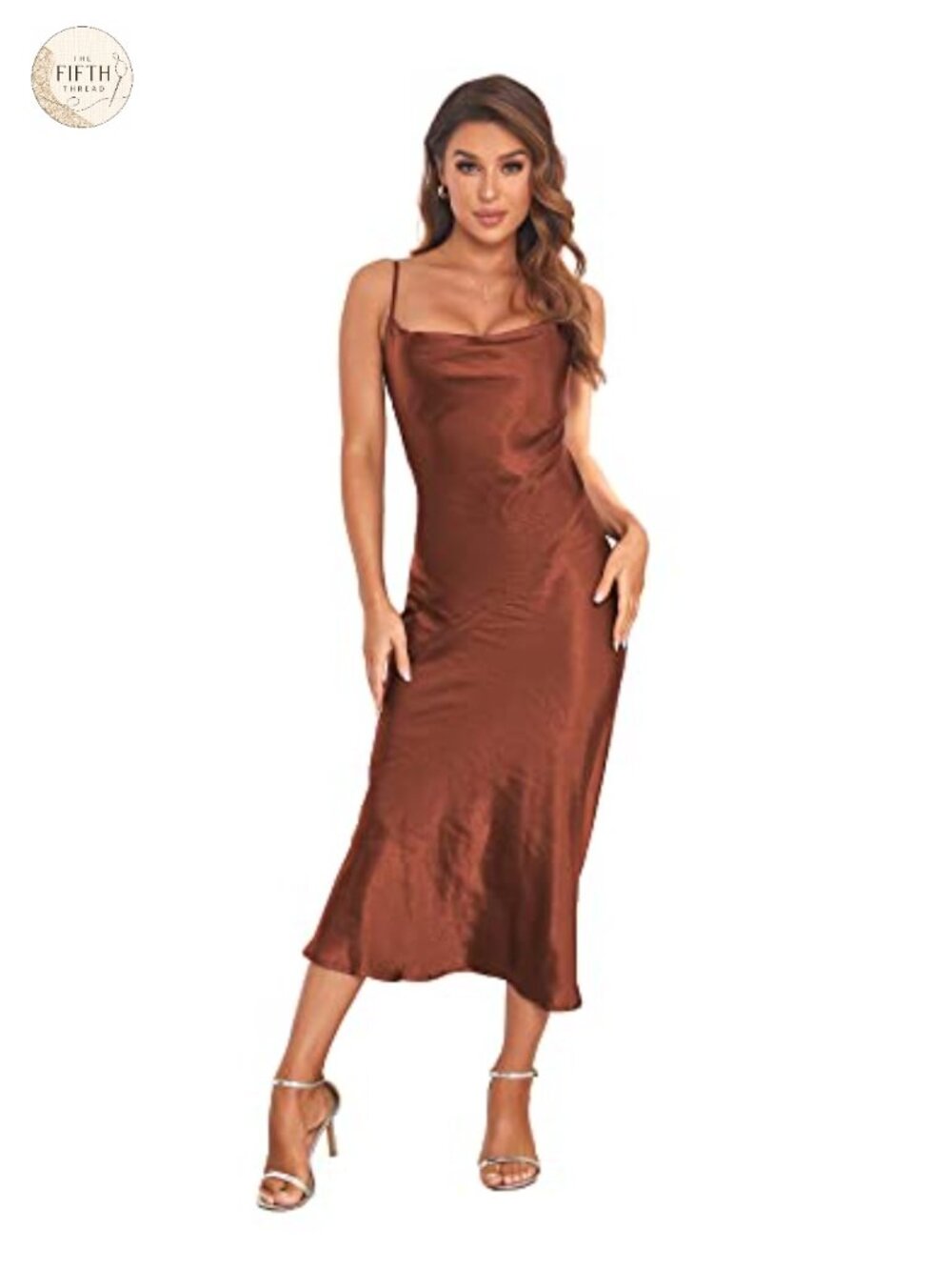 Silk Satin Midi Dress - Cowl Neck Backless Spaghetti Strap Party